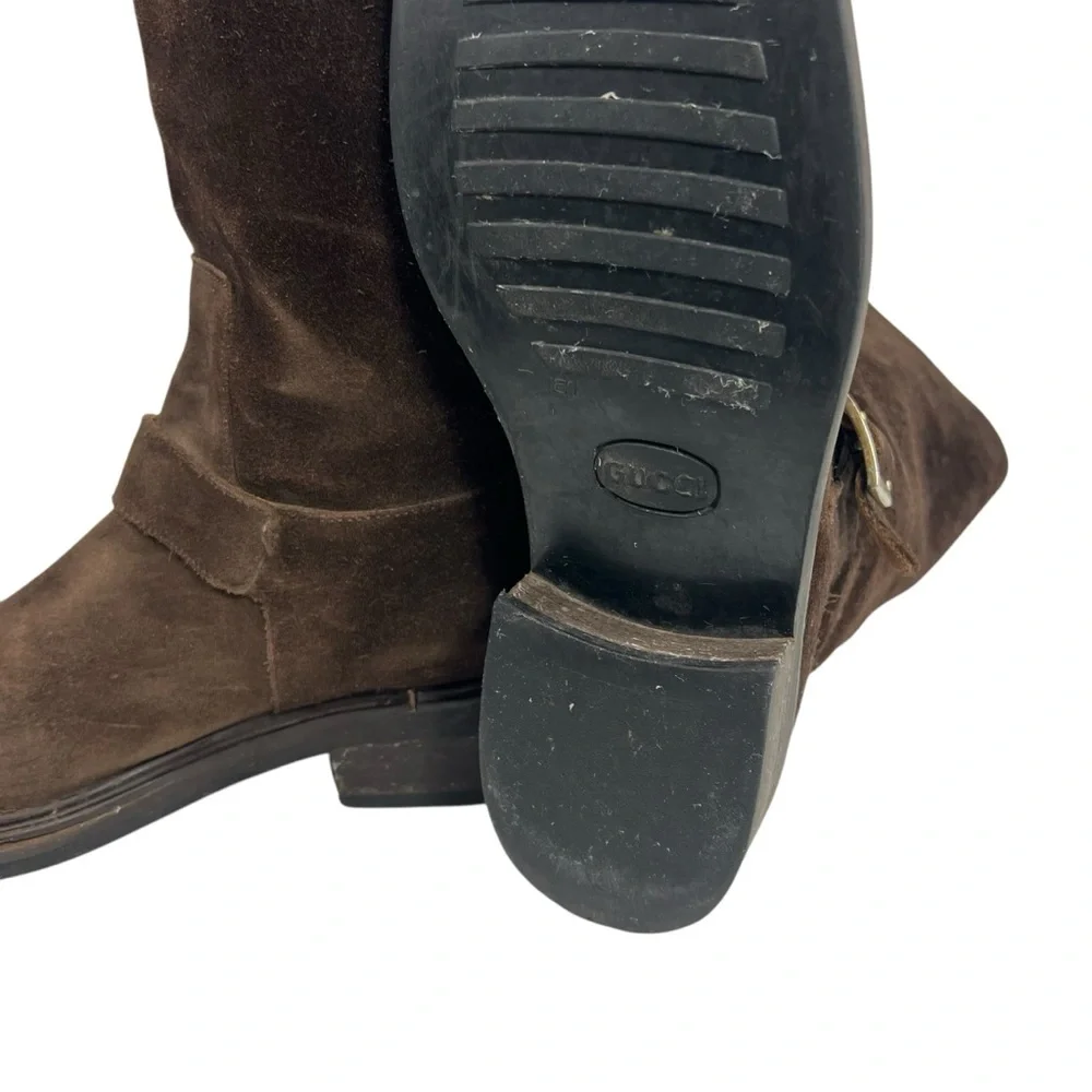 GUCCI Chocolate Brown Suede Biker Style Pull-on Low Heel Boots Size 8.5 - Picture 8 of 13